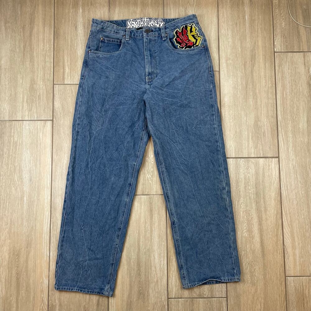 Ninth Hall Ambush Dragon Loose Fit Jeans Blue Embroidered Y2K Skater Baggy 34